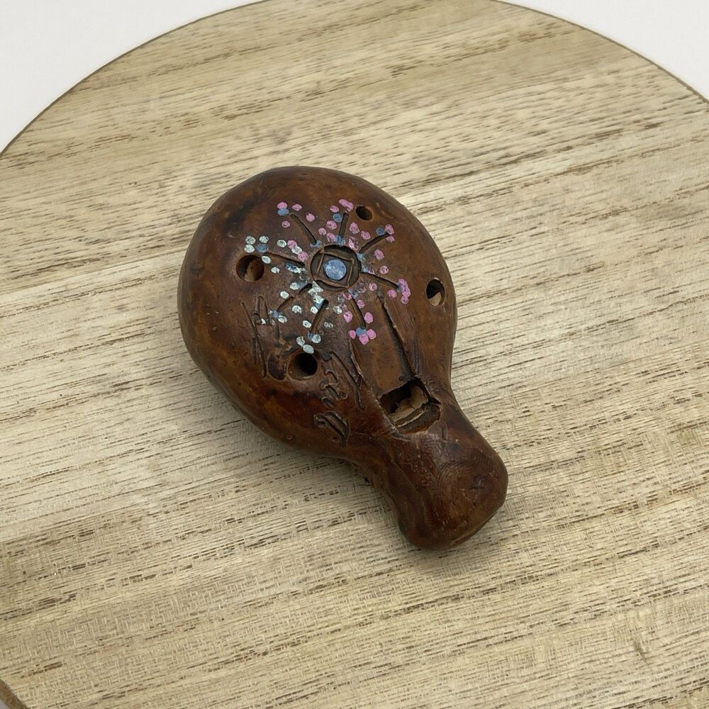 VTG Hand Made Painted Wooden Ocarina Flute Musical Instrument Carved Signed